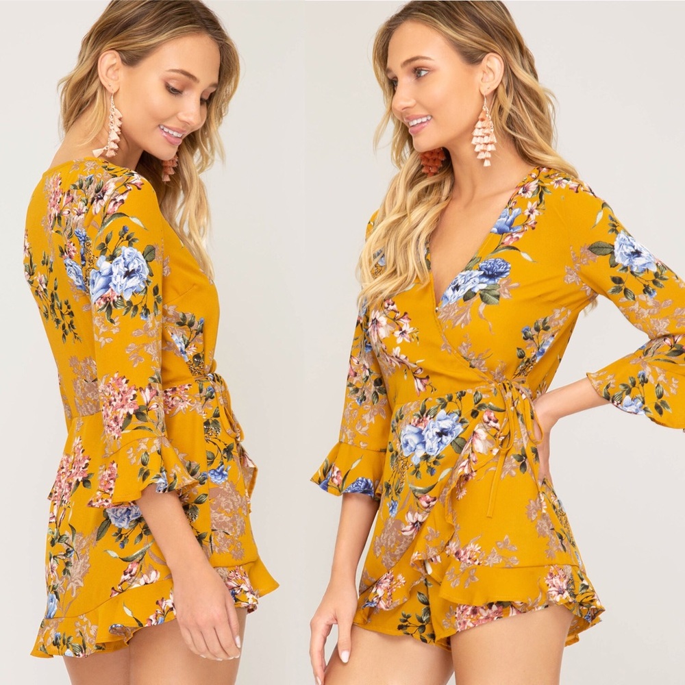 STORE CLOSING SALE! Yellow Mustard Floral Romper - Picture 2 of 4